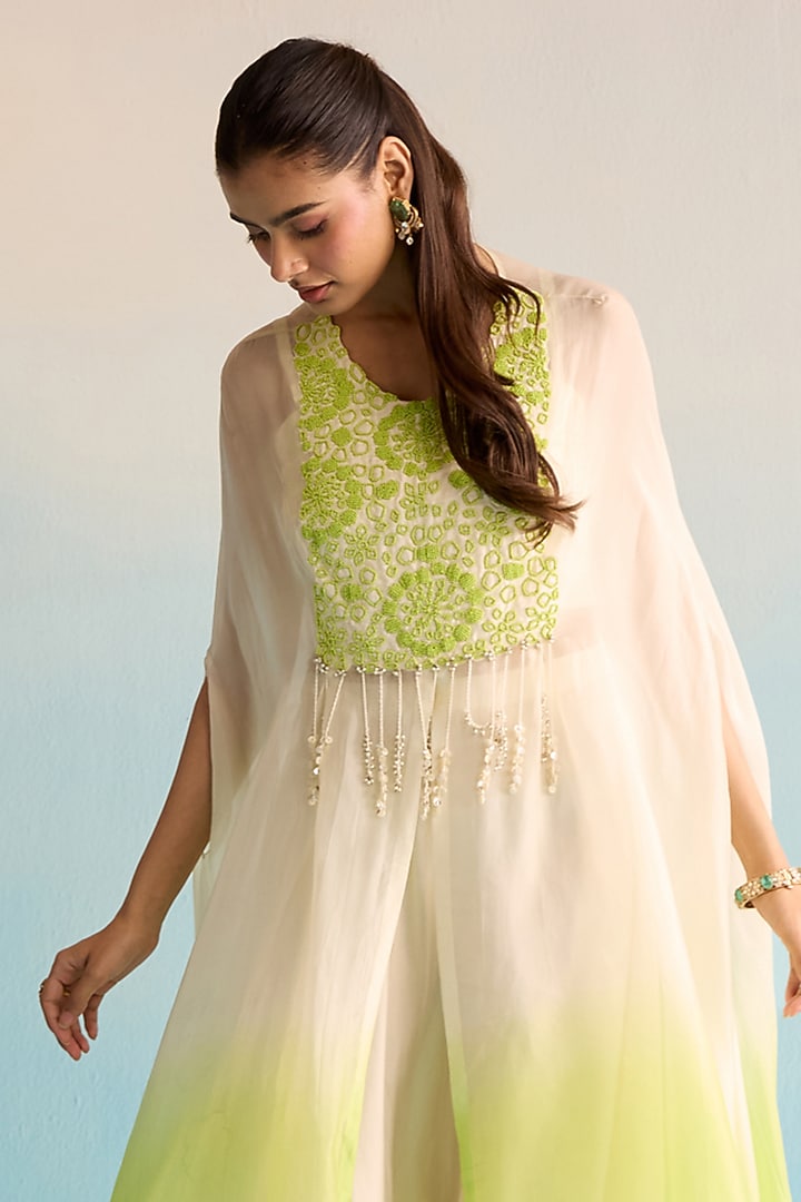White & Green Crepe Bead Embroidered Kaftan Set by House of Armuse at Pernia's Pop Up Shop