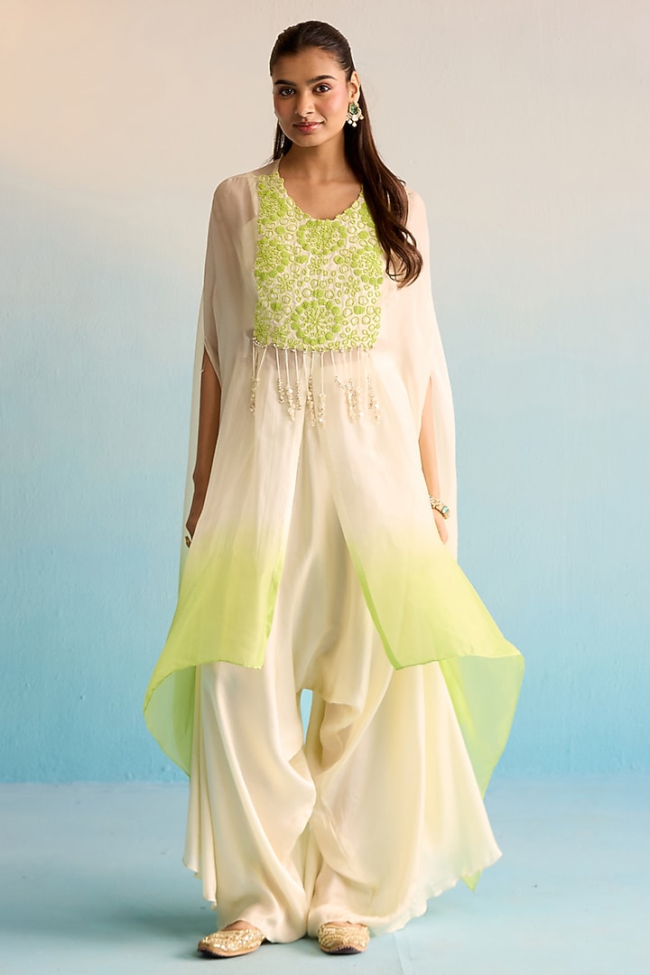 White & Green Crepe Bead Embroidered Kaftan Set by House of Armuse at Pernia's Pop Up Shop