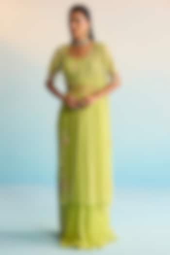 Lime Green Chiffon Pearl Embellished Skirt Wedding Saree Set by House of Armuse at Pernia's Pop Up Shop