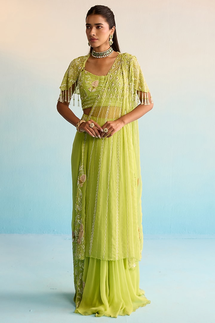 Lime Green Chiffon Pearl Embellished Skirt Wedding Saree Set by House of Armuse at Pernia's Pop Up Shop
