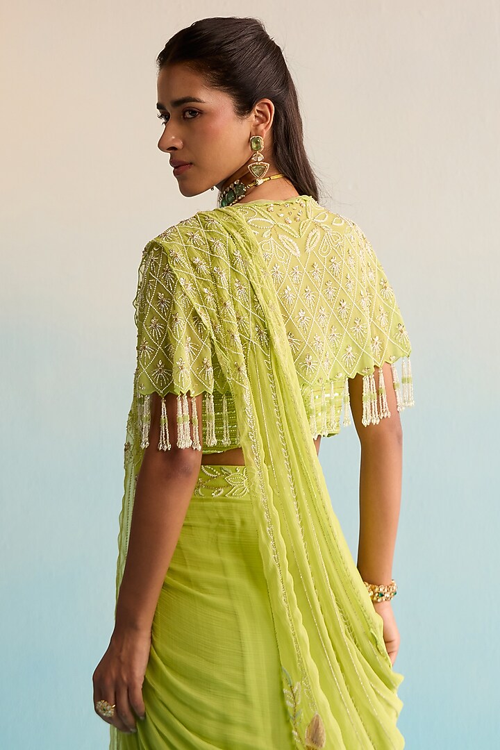 Lime Green Chiffon Pearl Embellished Skirt Reception Saree Set by House of Armuse at Pernia's Pop Up Shop