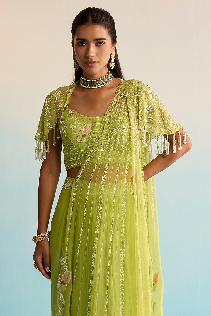 Lime Green Chiffon Pearl Embellished Skirt Reception Saree Set by House of Armuse at Pernia's Pop Up Shop
