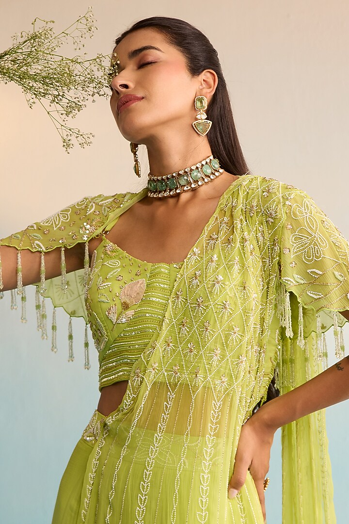 Lime Green Chiffon Pearl Embellished Skirt Reception Saree Set by House of Armuse at Pernia's Pop Up Shop