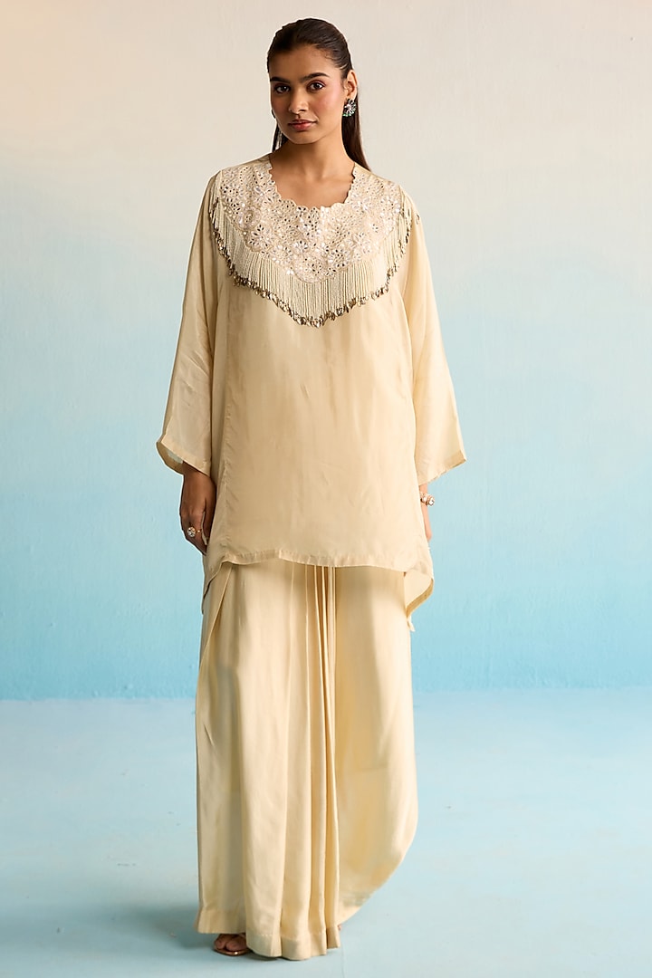 Beige Crepe Dhoti Skirt Set by House of Armuse at Pernia's Pop Up Shop