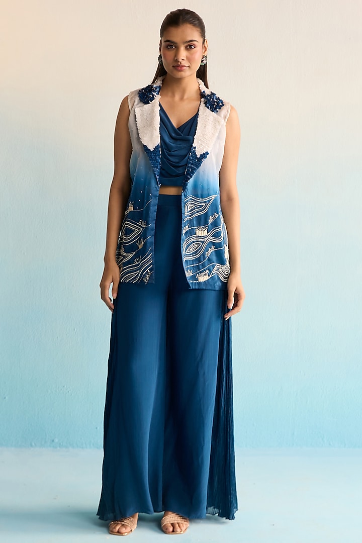 Blue Organza Cutdana & Beadwork Jacket Set by House of Armuse at Pernia's Pop Up Shop