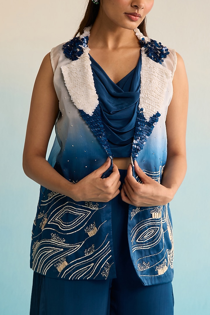 Blue Organza Cutdana & Beadwork Jacket Set by House of Armuse at Pernia's Pop Up Shop