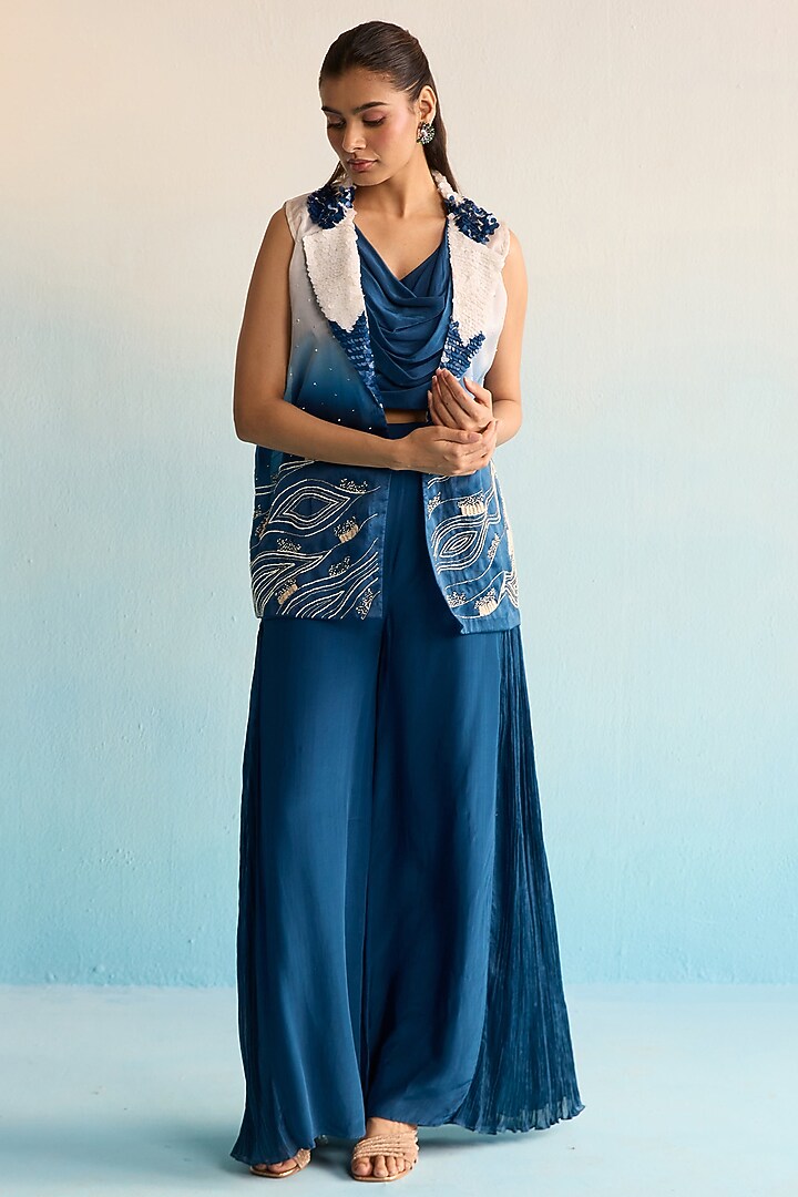Blue Organza Cutdana & Beadwork Jacket Set by House of Armuse at Pernia's Pop Up Shop