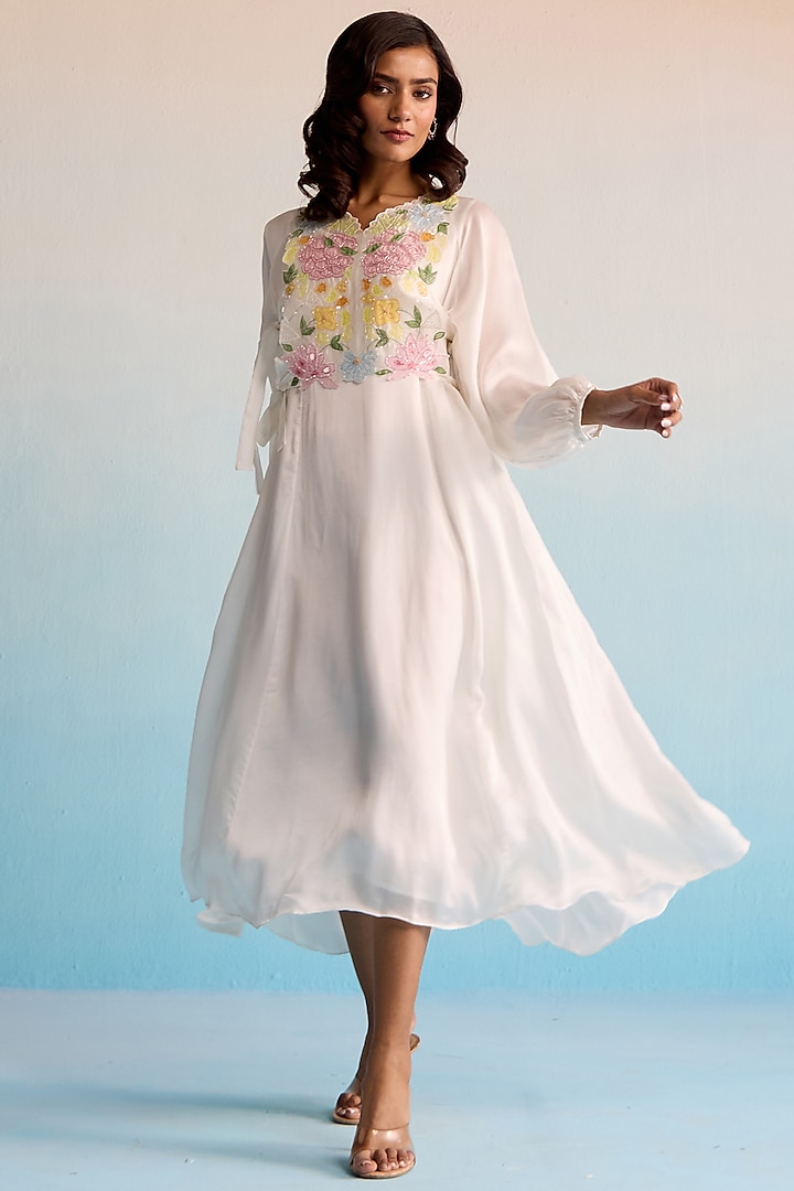 Ivory Satin Silk Hand Painted Vacation Dress by House of Armuse at Pernia's Pop Up Shop