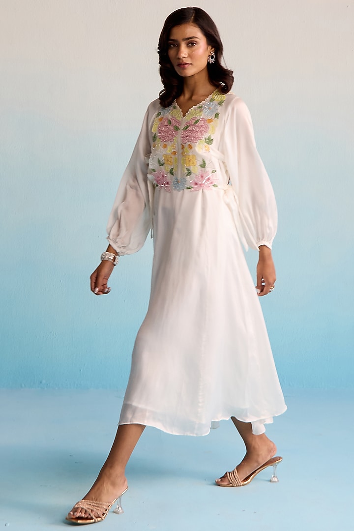 Ivory Satin Silk Hand Painted Vacation Dress by House of Armuse at Pernia's Pop Up Shop