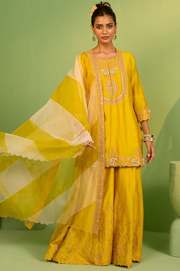 Yellow Chanderi Silk Wedding Sharara Set by House of Armuse at Pernia's Pop Up Shop