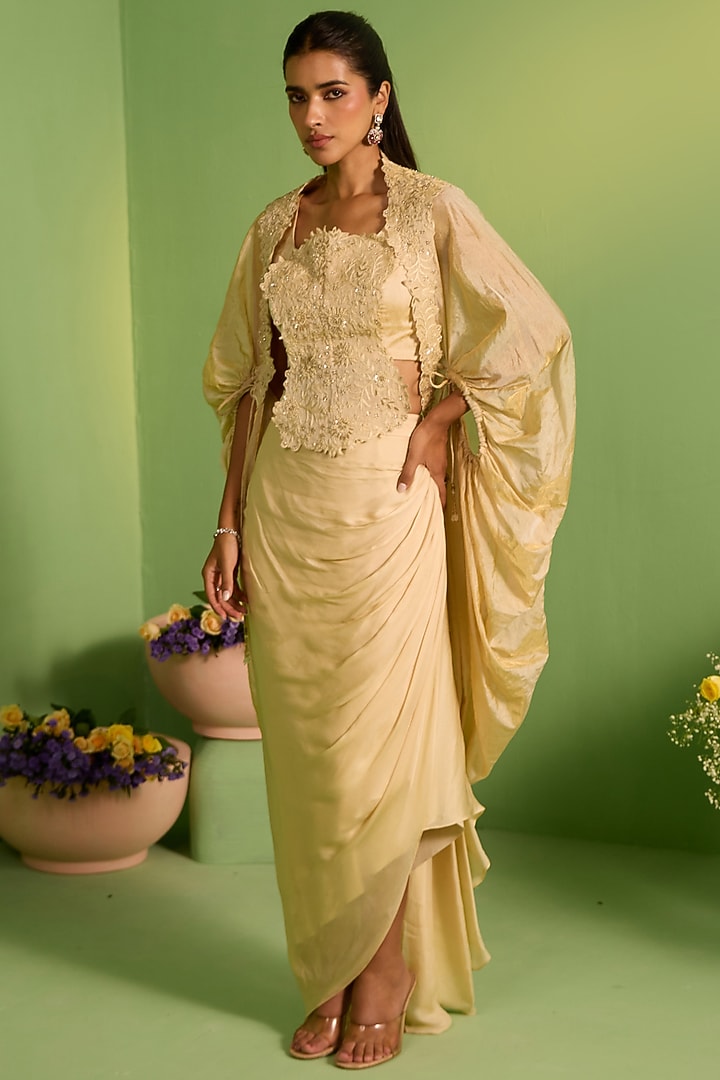 Beige Organza Swarovski Embellished Cape Set by House of Armuse at Pernia's Pop Up Shop