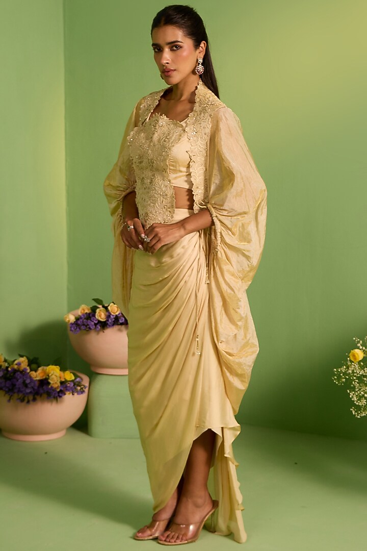 Beige Organza Swarovski Embellished Cape Set by House of Armuse at Pernia's Pop Up Shop