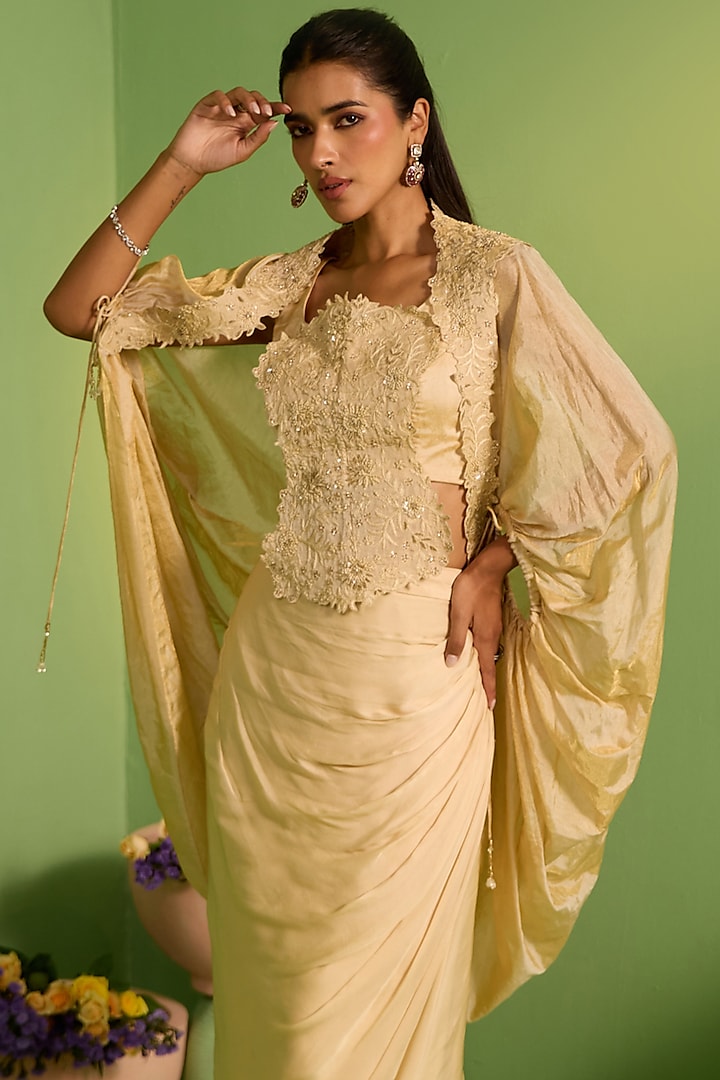 Beige Organza Swarovski Embellished Cape Set by House of Armuse at Pernia's Pop Up Shop