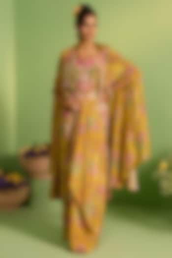 Yellow Silk Pearl Embellished & Printed Cape Set by House of Armuse at Pernia's Pop Up Shop