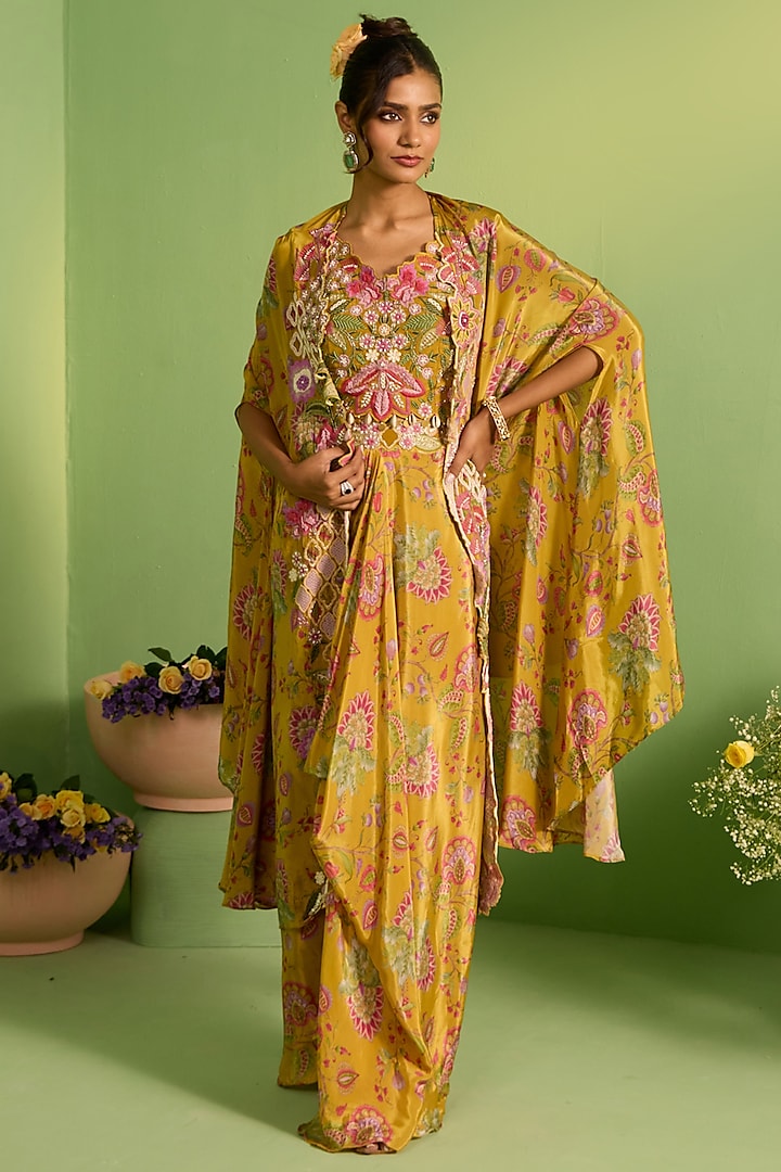Yellow Silk Pearl Embellished & Printed Cape Set by House of Armuse at Pernia's Pop Up Shop