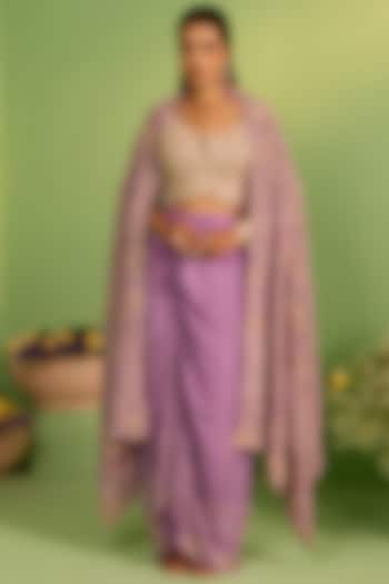 Lilac Shimmer Silk Cudana Embellished Cape Set by House of Armuse at Pernia's Pop Up Shop