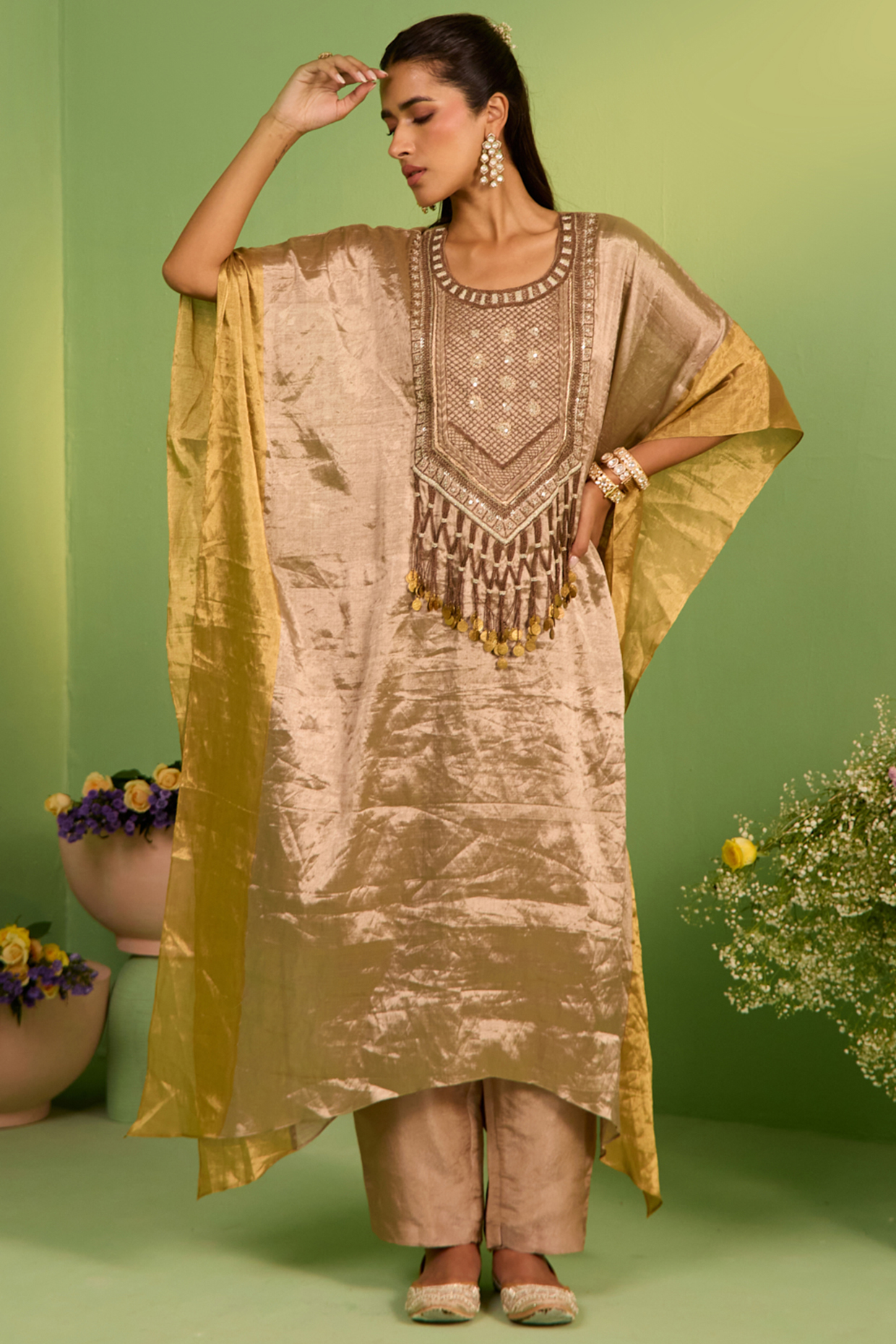 Bronze Tissue Threadwork Kaftan Set by House of Armuse at Pernia's Pop Up Shop