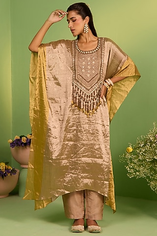 Bronze Tissue Threadwork Kaftan Set by House of Armuse