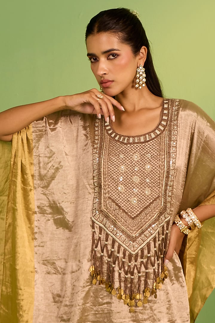 Bronze Tissue Threadwork Kaftan Set by House of Armuse at Pernia's Pop Up Shop