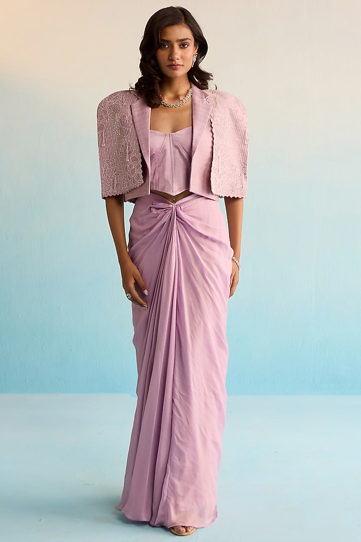 Lilac Raw Silk Pearl & Cutdana Work Cape Set by House of Armuse at Pernia's Pop Up Shop