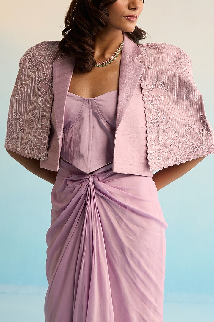 Lilac Raw Silk Pearl & Cutdana Work Cape Set by House of Armuse at Pernia's Pop Up Shop