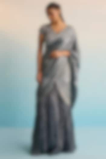 Grey Shimmer Silk & Malai Silk Handpainted Pre-Draped Wedding Saree Set by House of Armuse at Pernia's Pop Up Shop