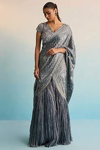 Grey Shimmer Silk & Malai Silk Handpainted Pre-Draped Saree Set by House of Armuse