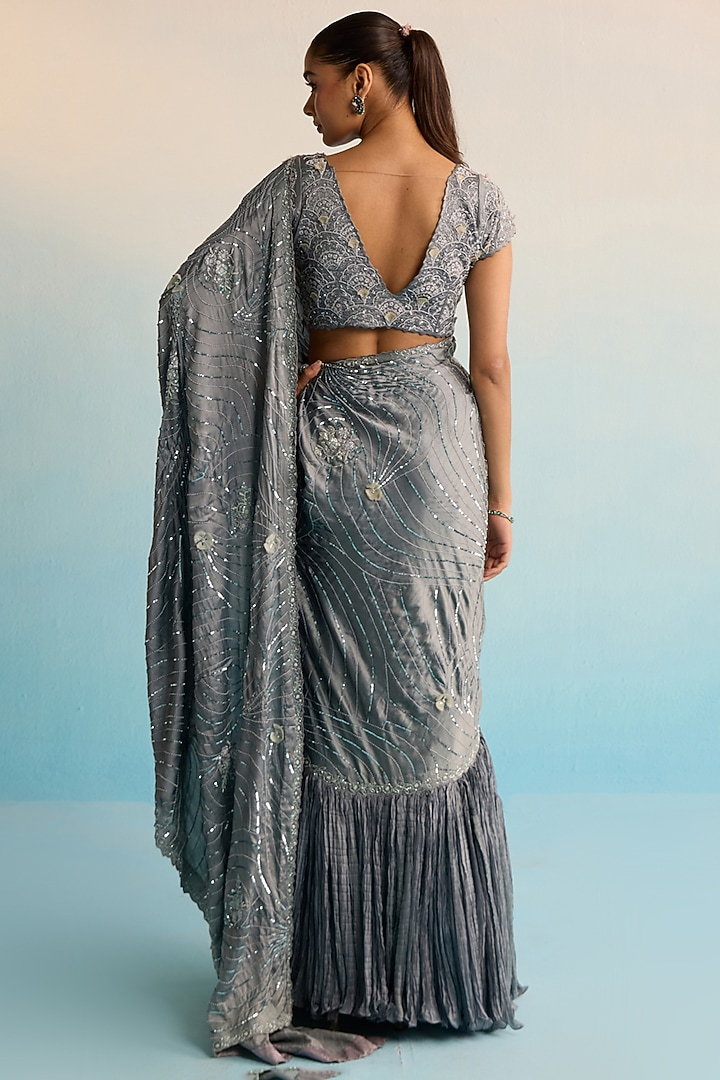 Grey Shimmer Silk & Malai Silk Handpainted Pre-Draped Reception Saree Set by House of Armuse at Pernia's Pop Up Shop