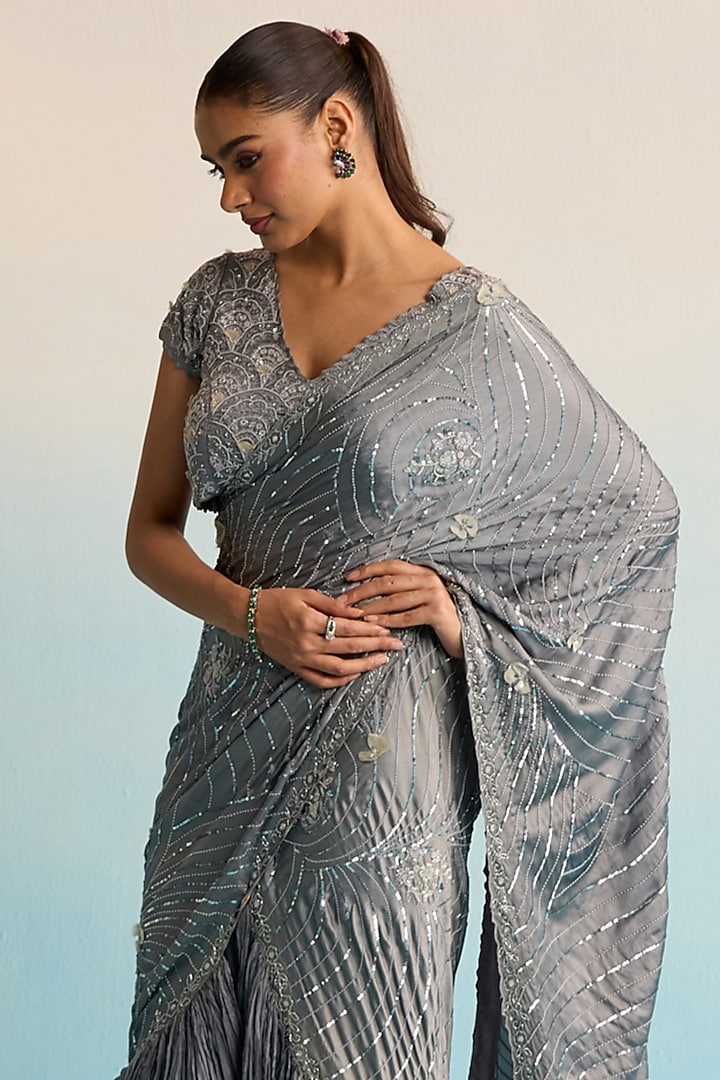 Grey Shimmer Silk & Malai Silk Handpainted Pre-Draped Reception Saree Set by House of Armuse at Pernia's Pop Up Shop