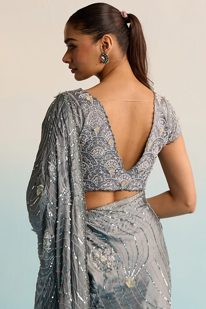 Grey Shimmer Silk & Malai Silk Handpainted Pre-Draped Reception Saree Set by House of Armuse at Pernia's Pop Up Shop
