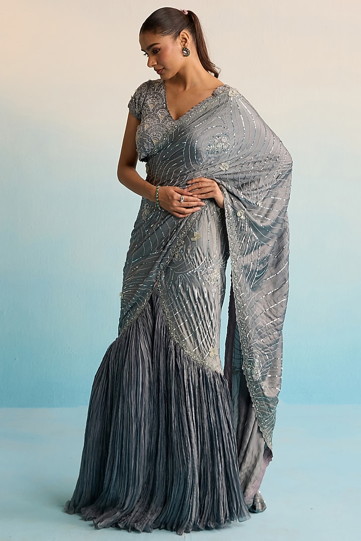 Grey Shimmer Silk & Malai Silk Handpainted Pre-Draped Reception Saree Set by House of Armuse at Pernia's Pop Up Shop