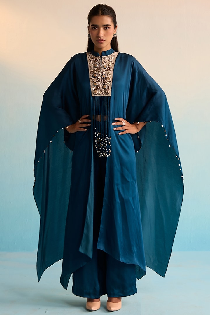 Navy Blue Rayon Crush Cutdana Embroidered Kaftan Set by House of Armuse at Pernia's Pop Up Shop