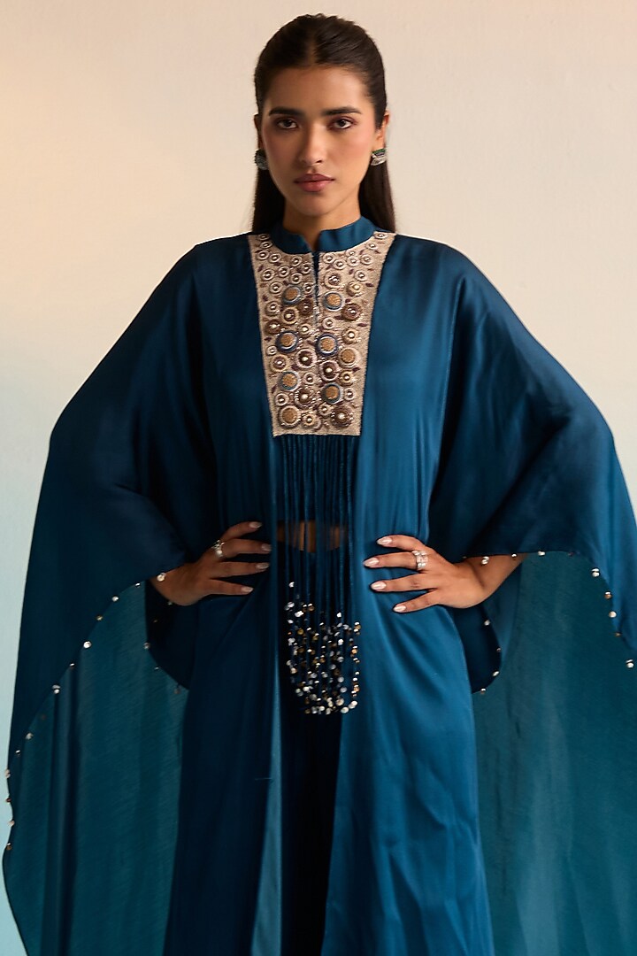 Navy Blue Rayon Crush Cutdana Embroidered Kaftan Set by House of Armuse at Pernia's Pop Up Shop