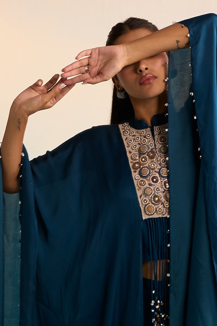 Navy Blue Rayon Crush Cutdana Embroidered Kaftan Set by House of Armuse at Pernia's Pop Up Shop