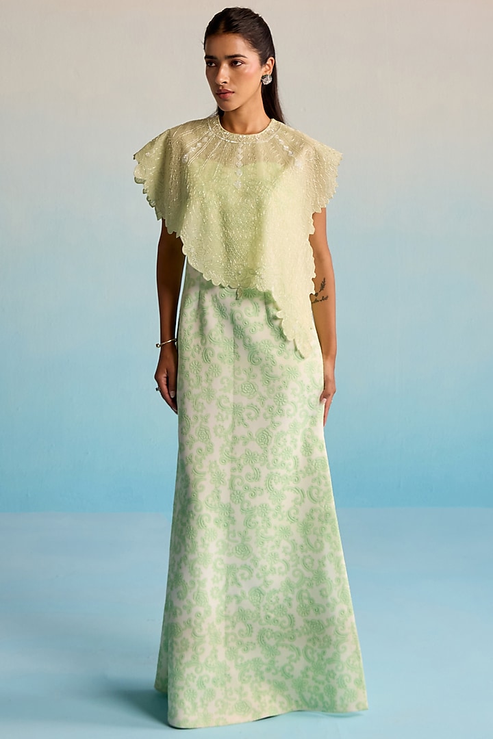 Green Neoprene & Organza Embellished Cape With Vacation Dress by House of Armuse at Pernia's Pop Up Shop
