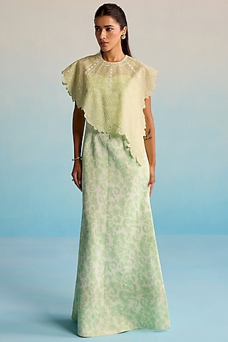 Green Neoprene & Organza Embellished Cape With Dress by House of Armuse
