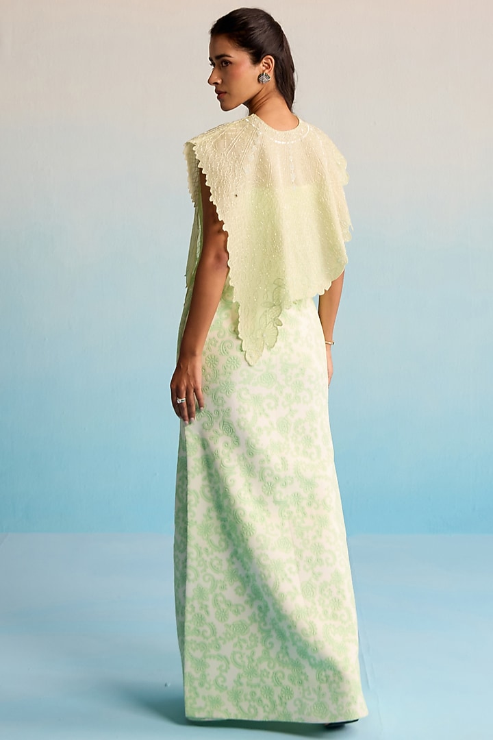 Green Neoprene & Organza Embellished Cape With Vacation Dress by House of Armuse at Pernia's Pop Up Shop