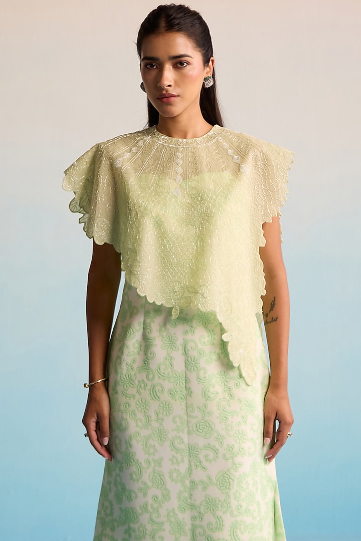 Green Neoprene & Organza Embellished Cape With Vacation Dress by House of Armuse at Pernia's Pop Up Shop
