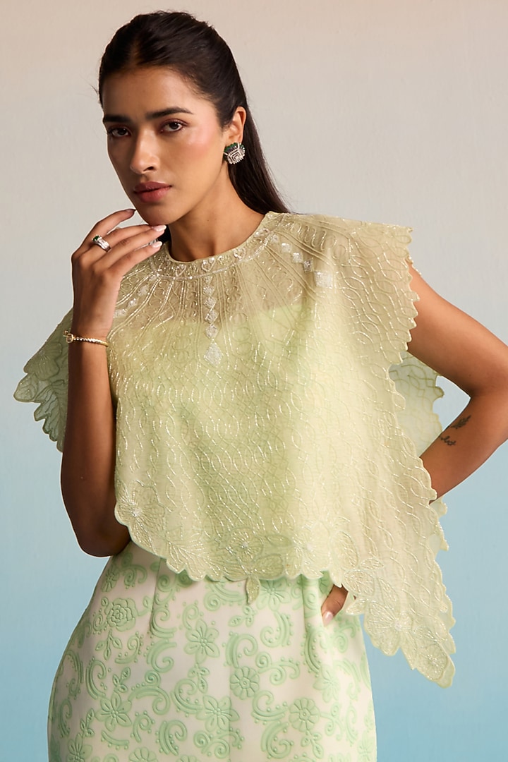 Green Neoprene & Organza Embellished Cape With Vacation Dress by House of Armuse at Pernia's Pop Up Shop