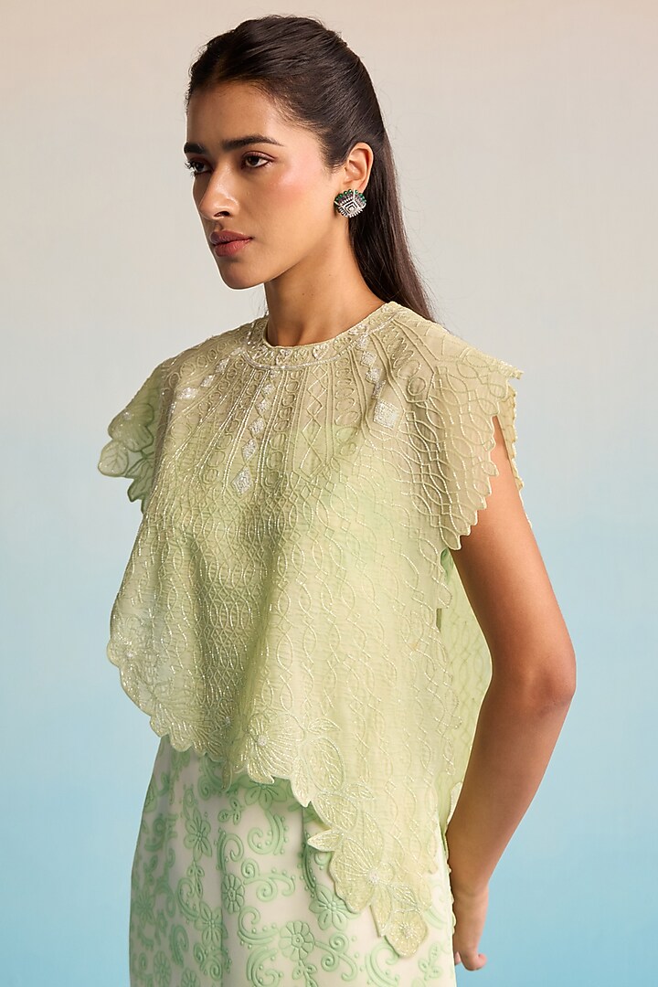 Green Neoprene & Organza Embellished Cape With Vacation Dress by House of Armuse at Pernia's Pop Up Shop
