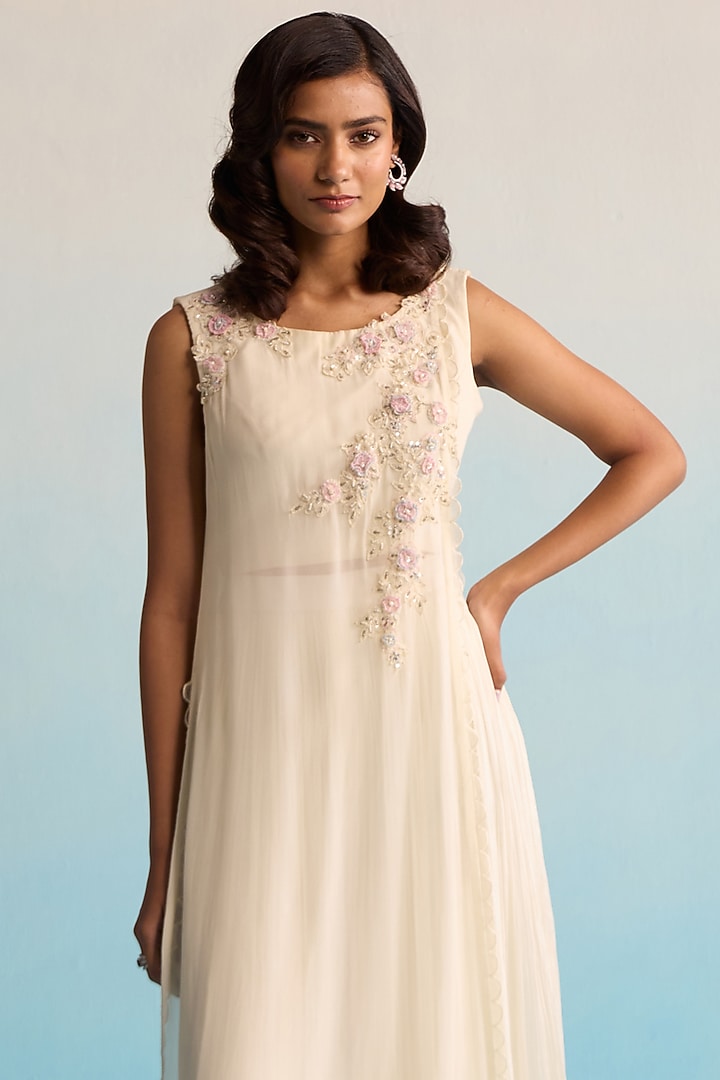 Ivory Chiffon Pearl Embellished Tunic Set by House of Armuse at Pernia's Pop Up Shop