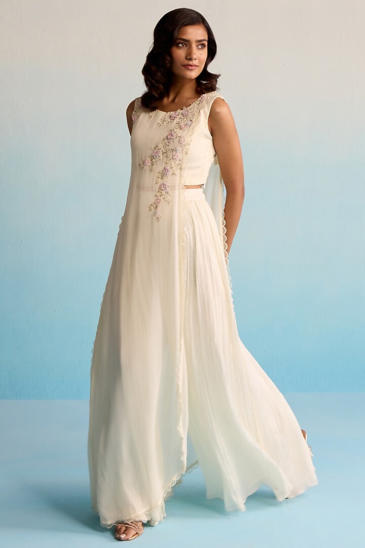 Ivory Chiffon Pearl Embellished Tunic Set by House of Armuse at Pernia's Pop Up Shop