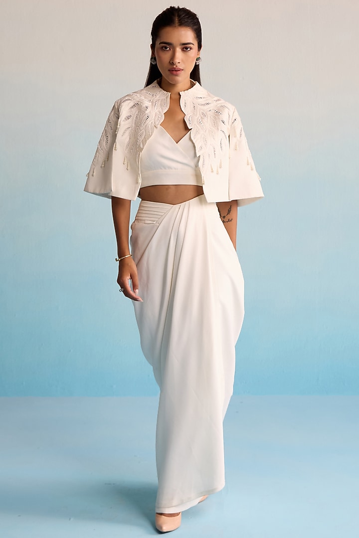 Ivory Neoprene Bead Embellished Jacket Set by House of Armuse at Pernia's Pop Up Shop