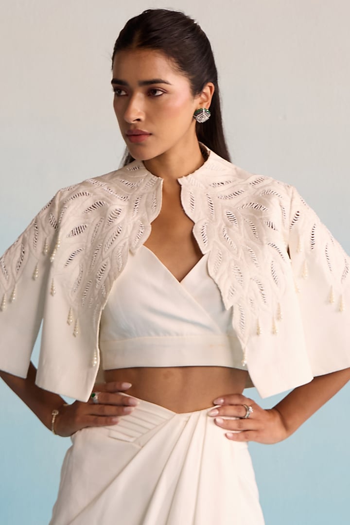 Ivory Neoprene Bead Embellished Jacket Set by House of Armuse at Pernia's Pop Up Shop