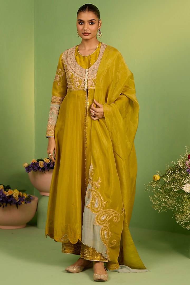 Yellow Tissue Zardosi & Pearl Embellished Jacket Set by House of Armuse at Pernia's Pop Up Shop