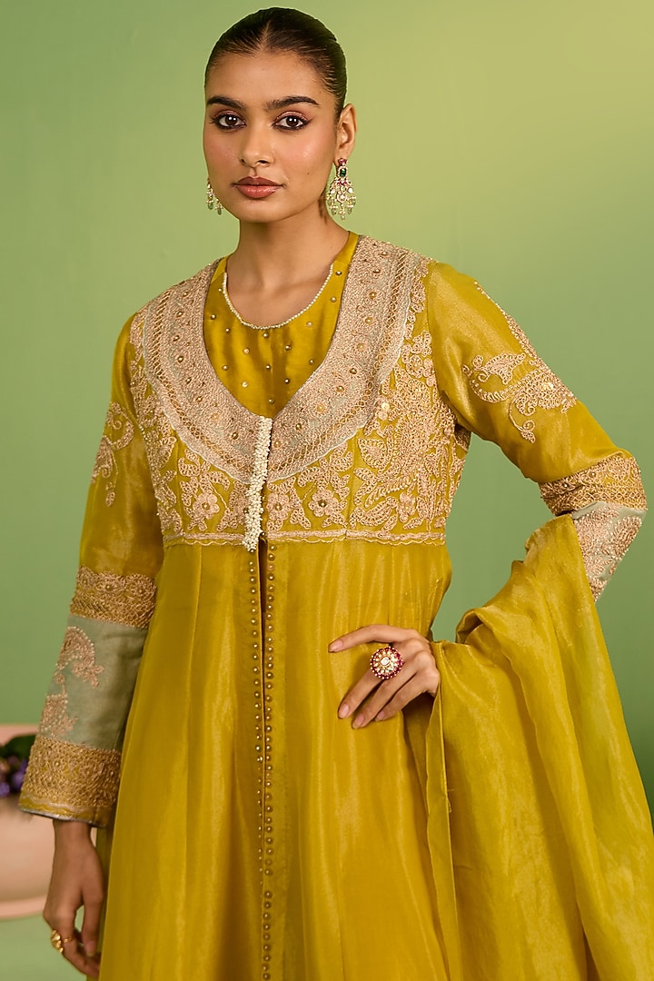 Yellow Tissue Zardosi & Pearl Embellished Jacket Set by House of Armuse at Pernia's Pop Up Shop