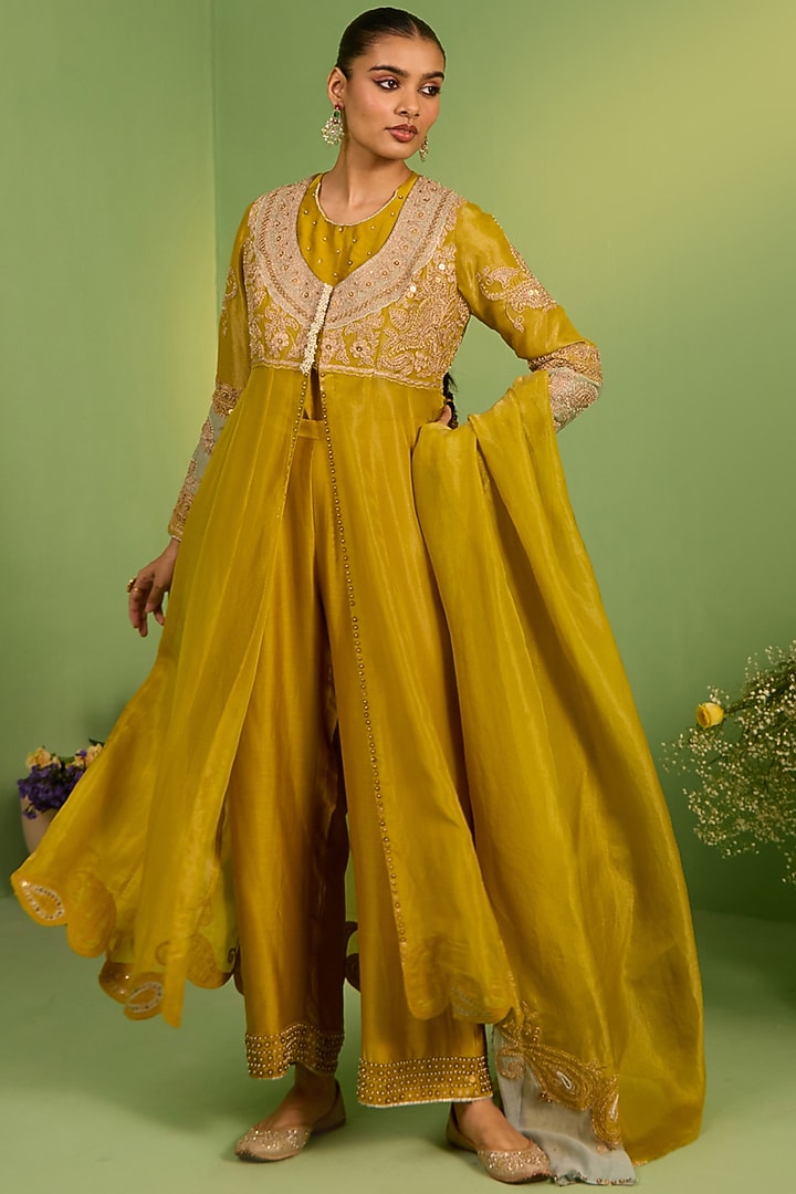 Yellow Tissue Zardosi & Pearl Embellished Jacket Set by House of Armuse at Pernia's Pop Up Shop