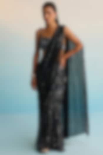 Black Georgette Hand Painted Pre-Draped Skirt Reception Saree Set by House of Armuse at Pernia's Pop Up Shop