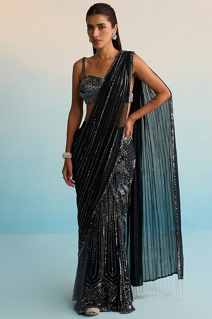 Black Georgette Hand Painted Pre-Draped Skirt Reception Saree Set by House of Armuse at Pernia's Pop Up Shop