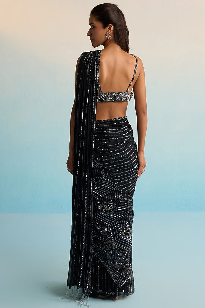 Black Georgette Hand Painted Pre-Draped Skirt Reception Saree Set by House of Armuse at Pernia's Pop Up Shop